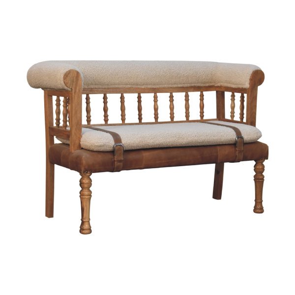 Solid Mango Wood Oak Finished Cream Boucle & Leather Bench - Image 3