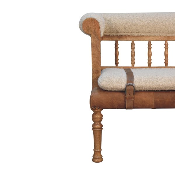 Solid Mango Wood Oak Finished Cream Boucle & Leather Bench - Image 4