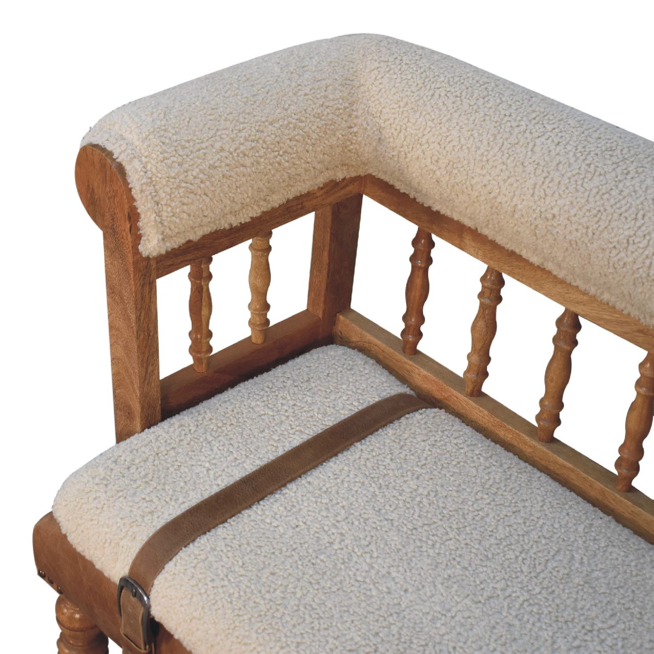 Solid Mango Wood Oak Finished Cream Boucle & Leather Bench - Image 5