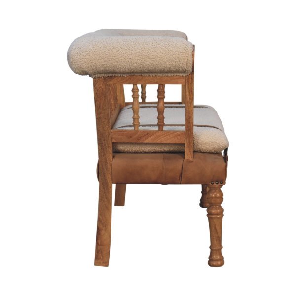 Solid Mango Wood Oak Finished Cream Boucle & Leather Bench - Image 9
