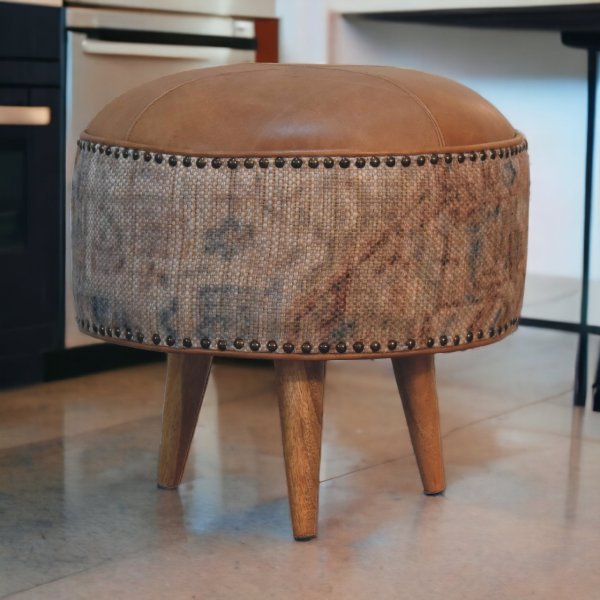 Solid Mango Wood Oak, Durrie & Leather Finish with Brass Studs Stool