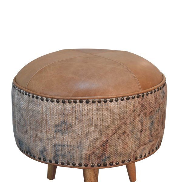 Solid Mango Wood Oak, Durrie & Leather Finish with Brass Studs Stool - Image 3