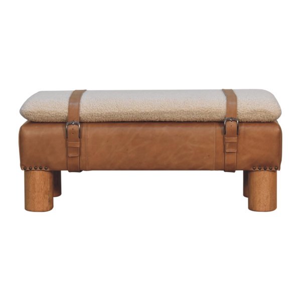 Solid Mango Wood Oak Finished Boucle & Leather Upholstered Strapped Cylinder Bench