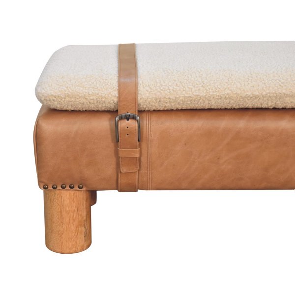 Solid Mango Wood Oak Finished Boucle & Leather Upholstered Strapped Cylinder Bench - Image 4
