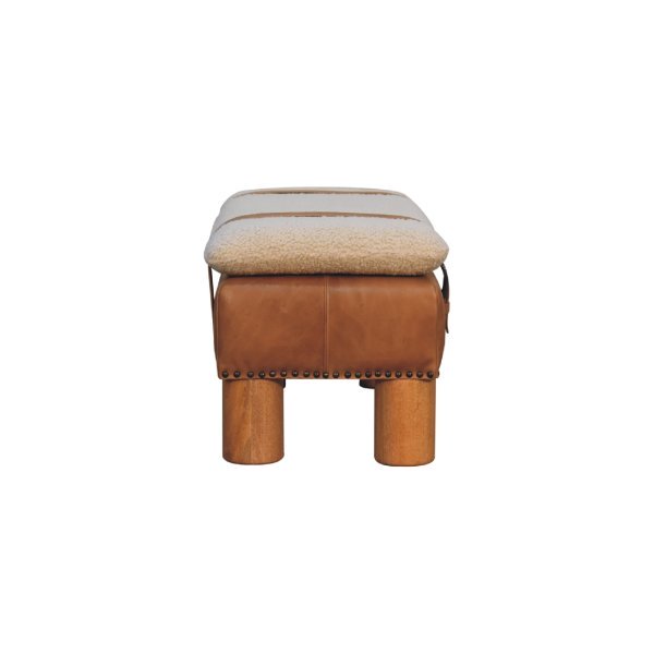 Solid Mango Wood Oak Finished Boucle & Leather Upholstered Strapped Cylinder Bench - Image 9