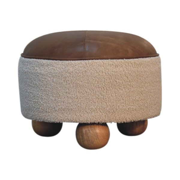 Solid Mango Wood Cream Boucle & Leather Upholstered Footstool - Image 2