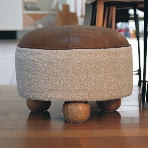 Solid Mango Wood Cream Boucle & Leather Upholstered Footstool