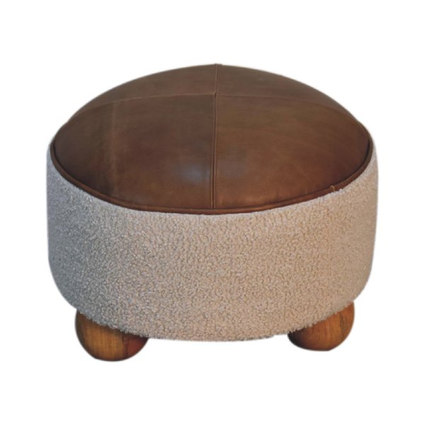 Solid Mango Wood Cream Boucle & Leather Upholstered Footstool - Image 3