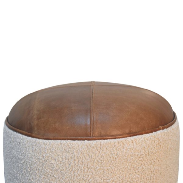Solid Mango Wood Cream Boucle & Leather Upholstered Footstool - Image 4