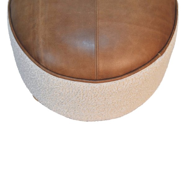 Solid Mango Wood Cream Boucle & Leather Upholstered Footstool - Image 5