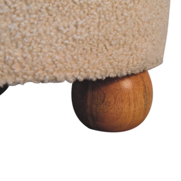Solid Mango Wood Cream Boucle & Leather Upholstered Footstool - Image 7