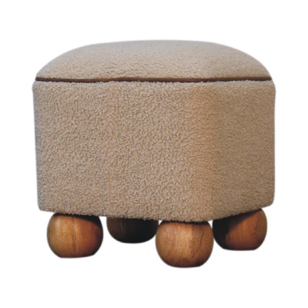 Solid Mango Wood Oak Finished Boucle & Leather Upholstered Serenity Footstool with Ball Feet - Image 3