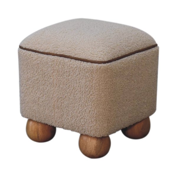 Solid Mango Wood Oak Finished Boucle & Leather Upholstered Serenity Footstool with Ball Feet - Image 6