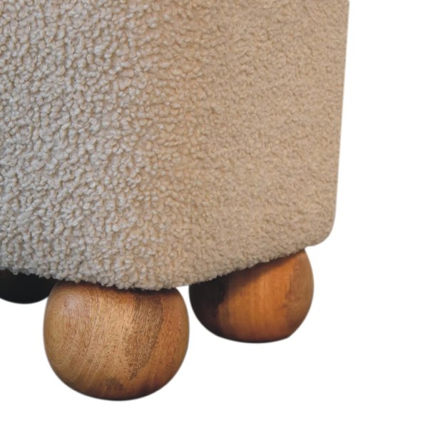 Solid Mango Wood Oak Finished Boucle & Leather Upholstered Serenity Footstool with Ball Feet - Image 7