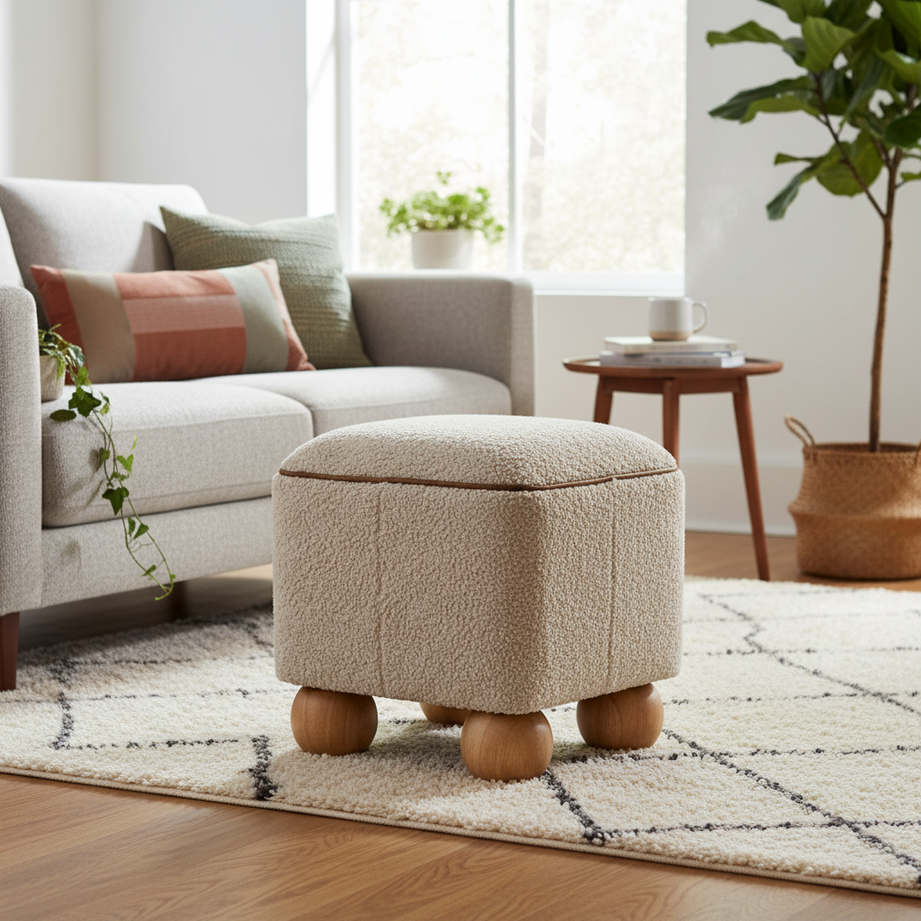 Solid Mango Wood Oak Finished Boucle & Leather Upholstered Serenity Footstool with Ball Feet