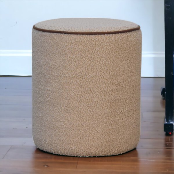 Solid Mango Wood Boucle Upholstered with Leather Trim Serenity Round Stool