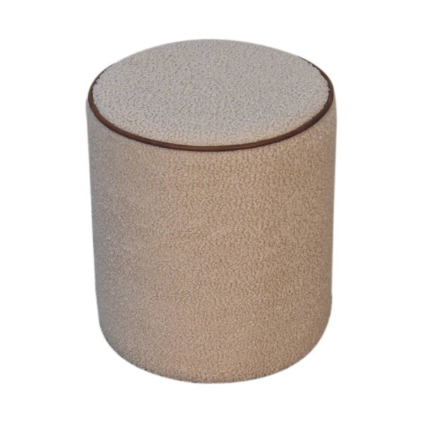 Solid Mango Wood Boucle Upholstered with Leather Trim Serenity Round Stool - Image 2