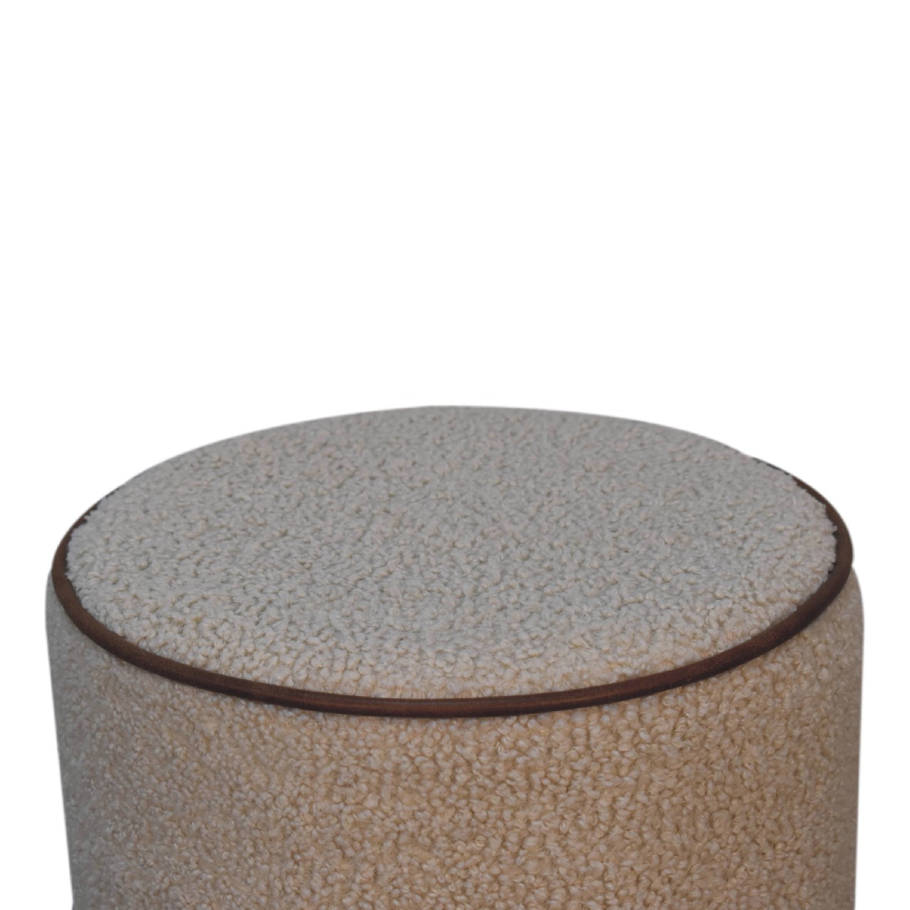 Solid Mango Wood Boucle Upholstered with Leather Trim Serenity Round Stool - Image 3