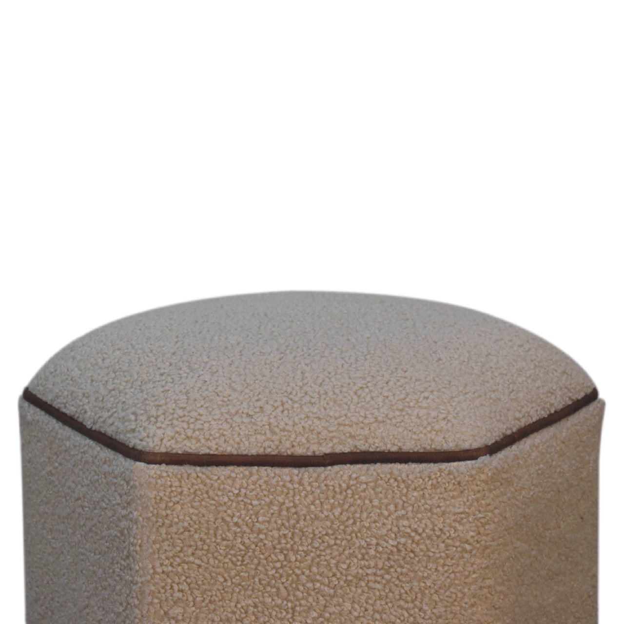 Solid Mango Wood Boucle Upholstery with Leather Trim Finish Serenity Hexagonal Stool - Image 3