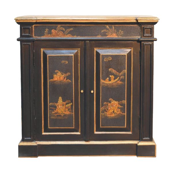 Solid Mango Wood Oriental Hand Painted 2 Door Wine Cabinet