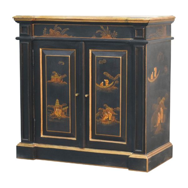 Solid Mango Wood Oriental Hand Painted 2 Door Wine Cabinet - Image 3
