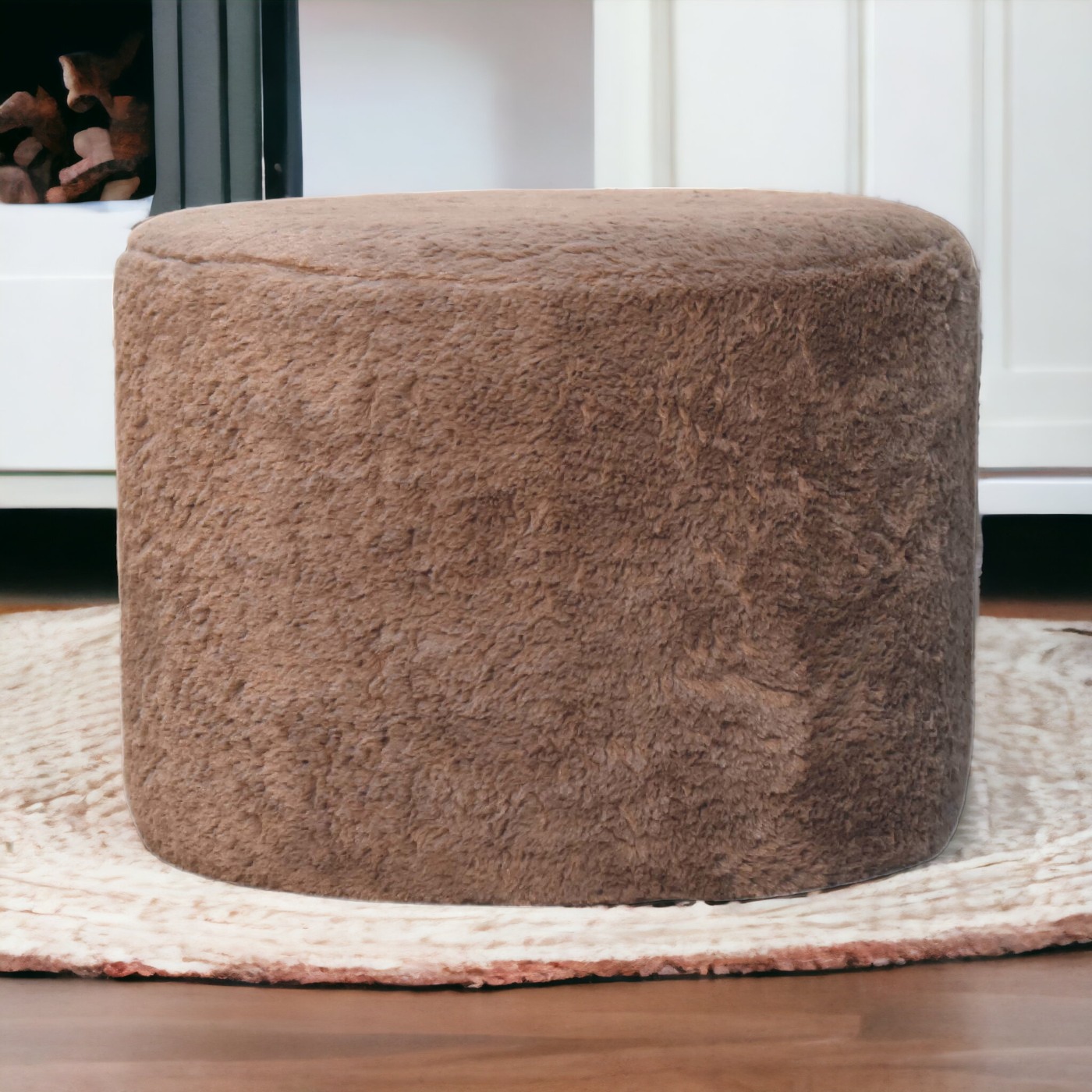 Solid Mango Wood Mocha Faux Fur Upholstered Round Footstool