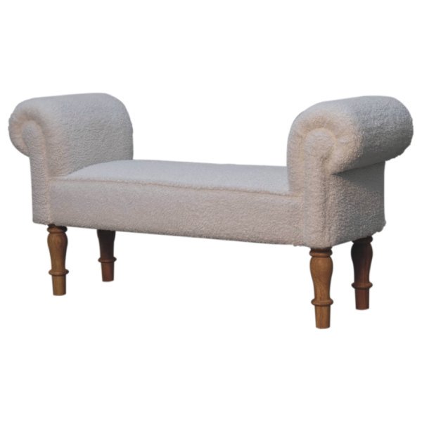 Solid Mango Wood White Boucle Upholstered Bench - Image 3