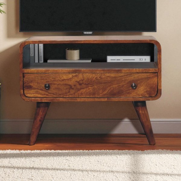 Solid Mango Wood Mini Chestnut Finished 1 Drawer Curved Media Unit