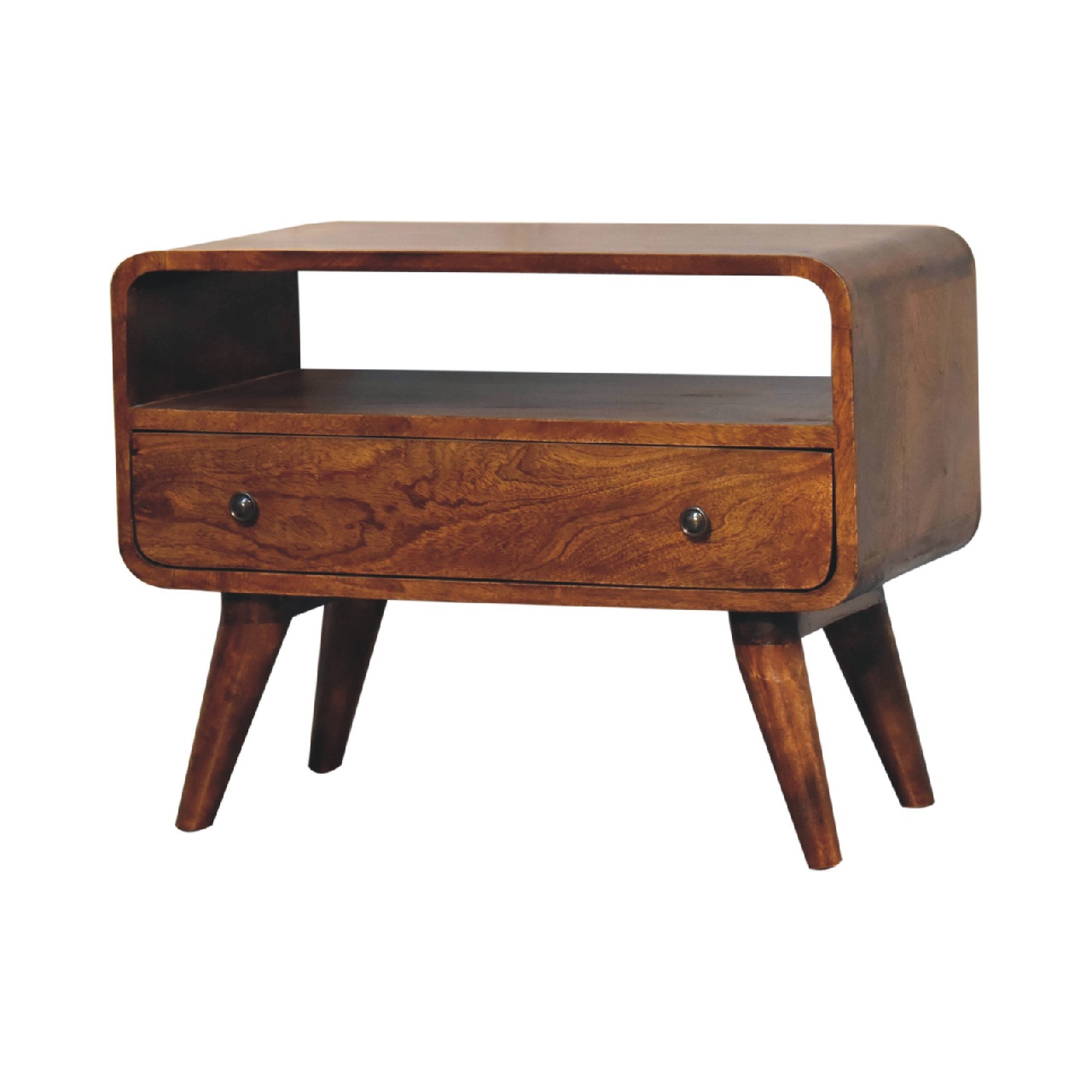 Solid Mango Wood Mini Chestnut Finished 1 Drawer Curved Media Unit - Image 3
