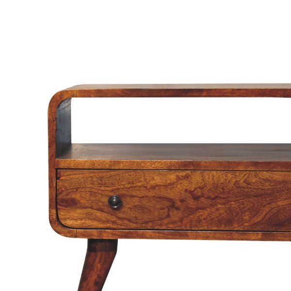 Solid Mango Wood Mini Chestnut Finished 1 Drawer Curved Media Unit - Image 4