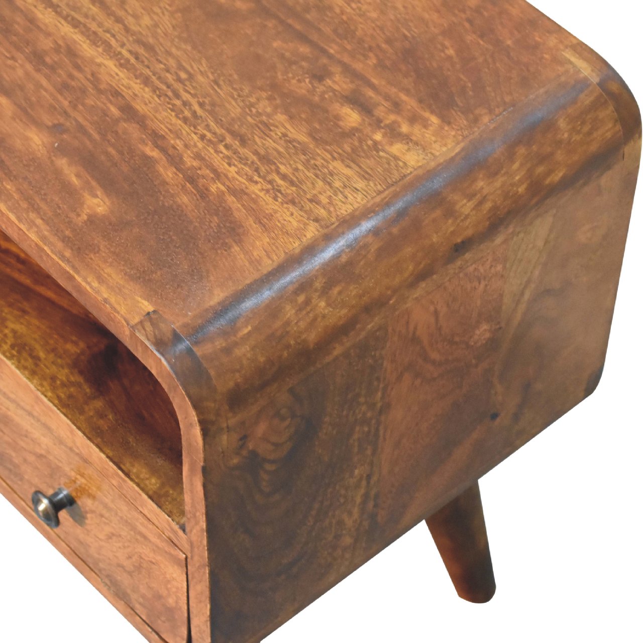 Solid Mango Wood Mini Chestnut Finished 1 Drawer Curved Media Unit - Image 5