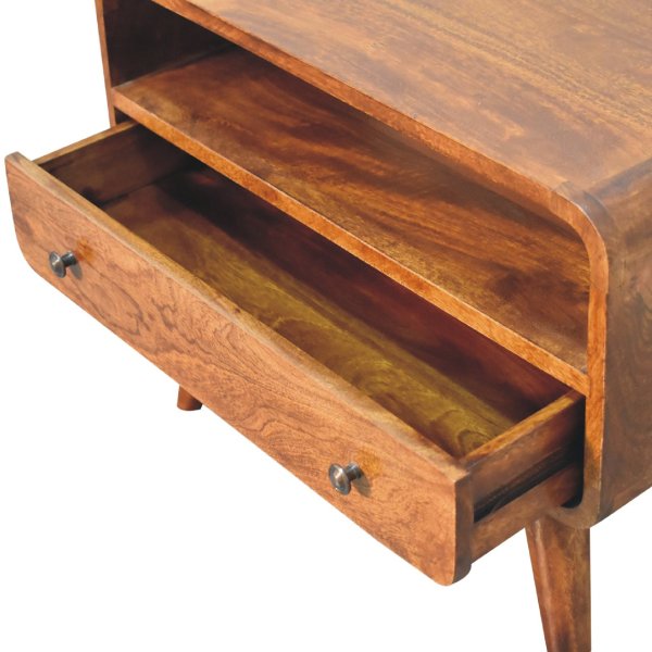 Solid Mango Wood Mini Chestnut Finished 1 Drawer Curved Media Unit - Image 6