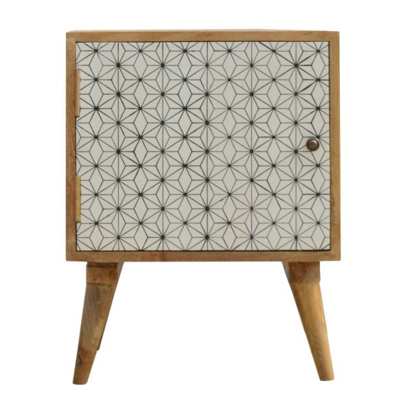 Solid Mango Wood Oak Finished Geometric Screen Printed Prima 1 Door Bedside