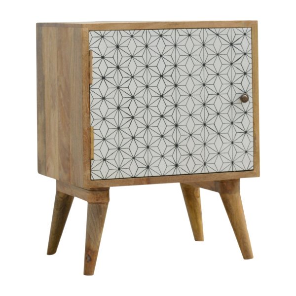 Solid Mango Wood Oak Finished Geometric Screen Printed Prima 1 Door Bedside - Image 2