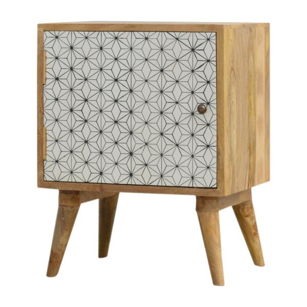 Solid Mango Wood Oak Finished Geometric Screen Printed Prima 1 Door Bedside - Image 3
