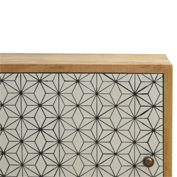Solid Mango Wood Oak Finished Geometric Screen Printed Prima 1 Door Bedside - Image 4