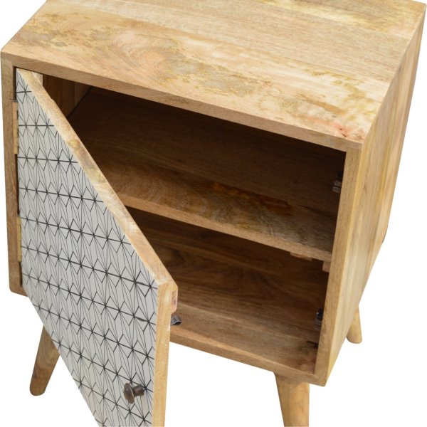 Solid Mango Wood Oak Finished Geometric Screen Printed Prima 1 Door Bedside - Image 5