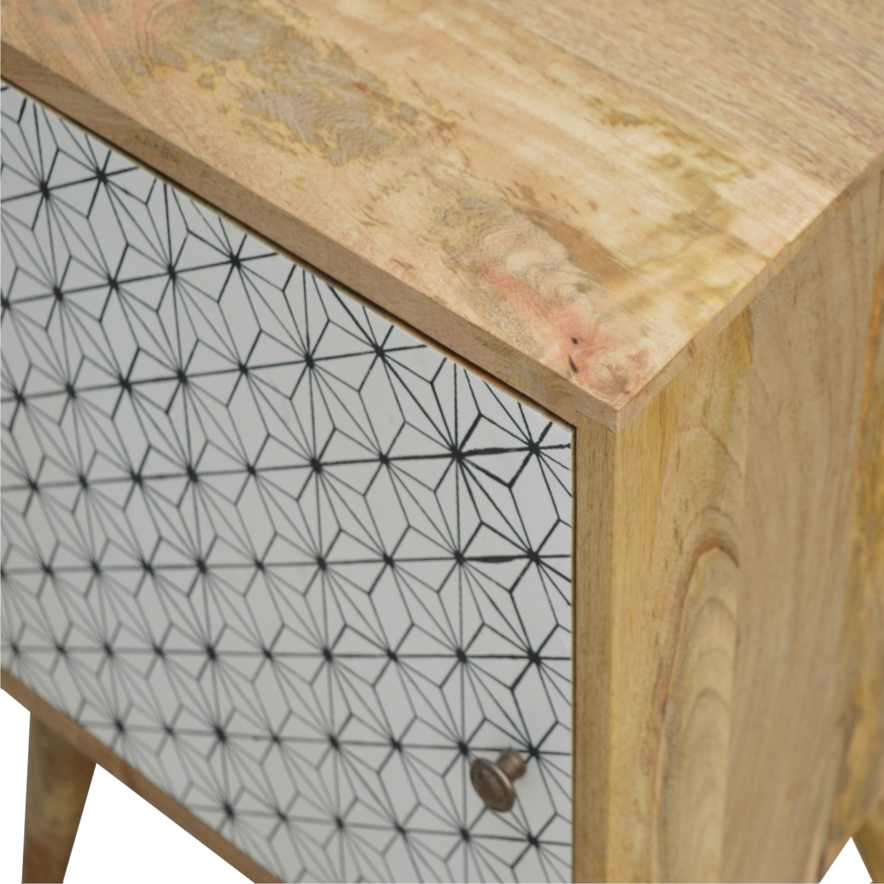 Solid Mango Wood Oak Finished Geometric Screen Printed Prima 1 Door Bedside - Image 6