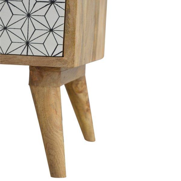 Solid Mango Wood Oak Finished Geometric Screen Printed Prima 1 Door Bedside - Image 7