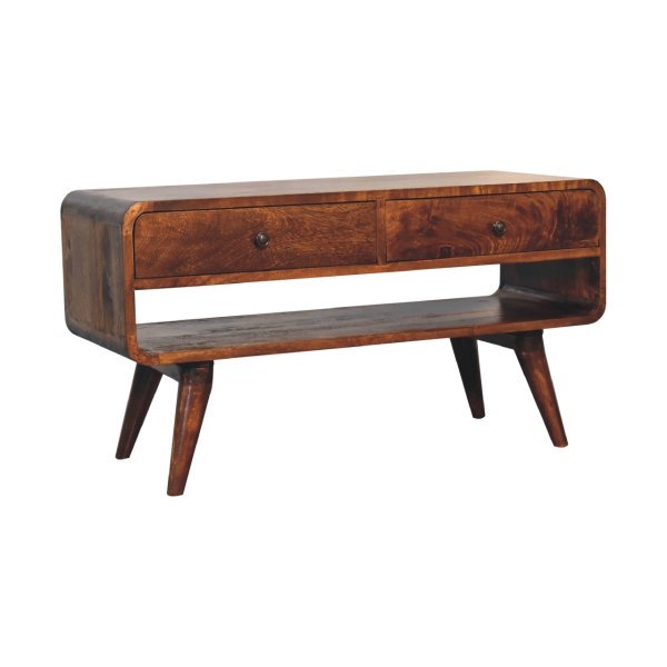 Solid Mango Wood Chestnut Finished 2 Drawer Reverse Curved Media Unit - Image 3