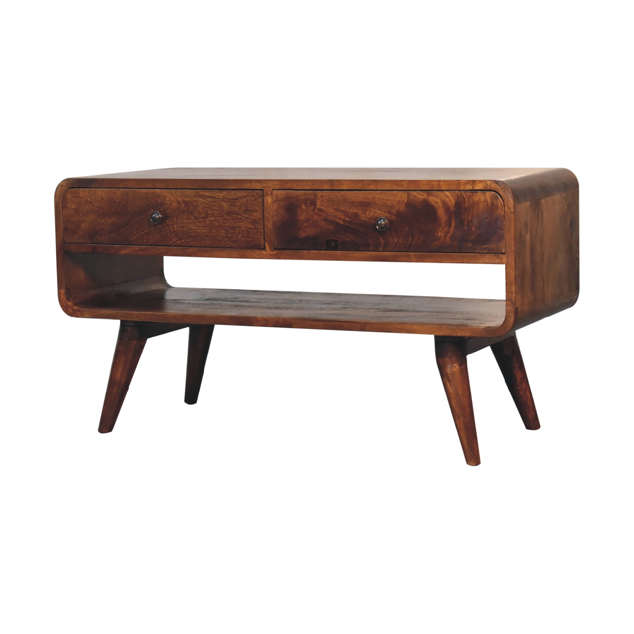 Solid Mango Wood Chestnut Finished 2 Drawer Reverse Curved Media Unit - Image 4