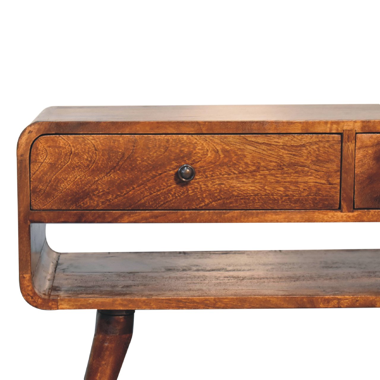 Solid Mango Wood Chestnut Finished 2 Drawer Reverse Curved Media Unit - Image 5