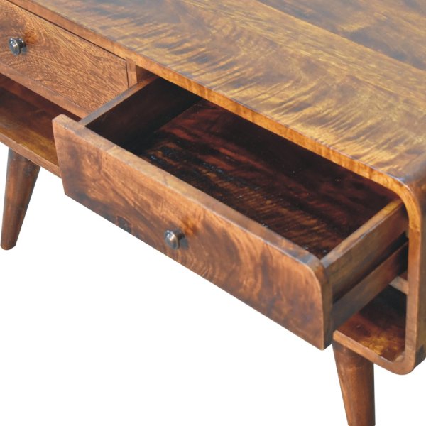 Solid Mango Wood Chestnut Finished 2 Drawer Reverse Curved Media Unit - Image 7