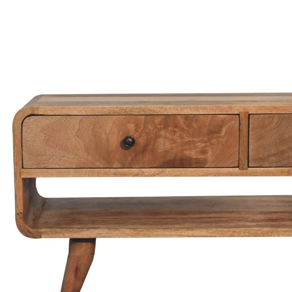 Solid Mango Wood Oak Finished 2 Drawer Reverse Curve Media Unit - Image 4