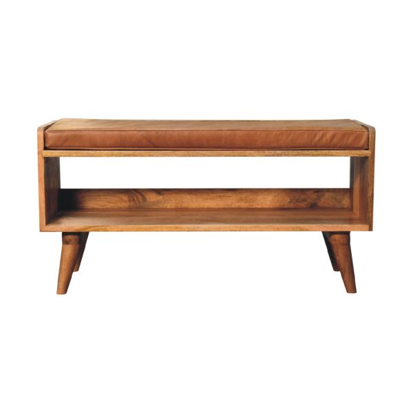 Solid Mango Wood Oak Finished Bench with Tan Leather Seat Pad