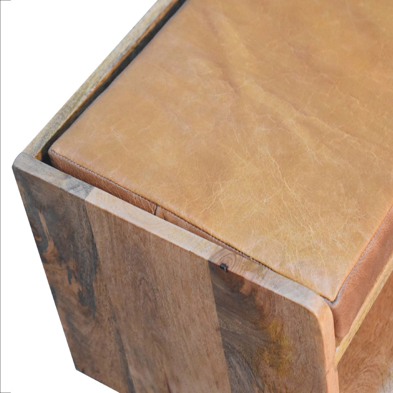 Solid Mango Wood Oak Finished Bench with Tan Leather Seat Pad - Image 5
