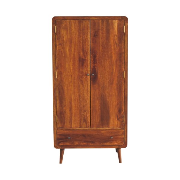 Solid Mango Wood Chestnut Finished 2 Door 1 Drawer Gents Curved Wardrobe