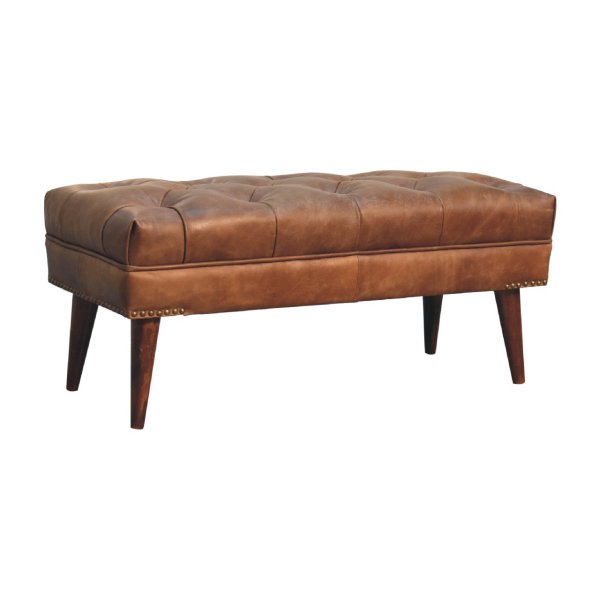 Solid Mango Wood Chestnut Finished Harbour Brown Leather Upholstered Bench - Image 3