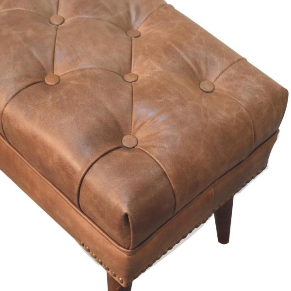 Solid Mango Wood Chestnut Finished Harbour Brown Leather Upholstered Bench - Image 5