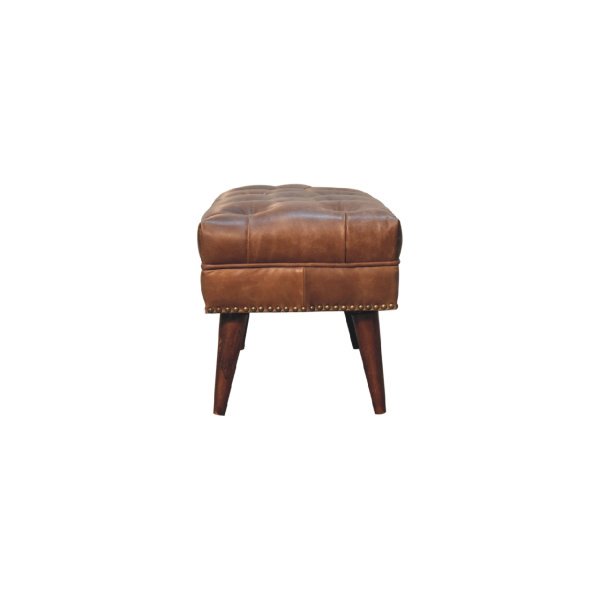 Solid Mango Wood Chestnut Finished Harbour Brown Leather Upholstered Bench - Image 8